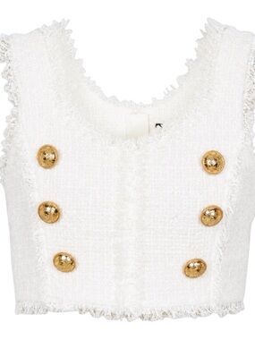 NEW Balmain Paris button-embellished bouclé-tweed crop top $1398.00